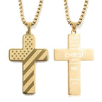 Gold titanium steel cross pendant necklace: one side features a US flag pattern, the other engraved scripture.