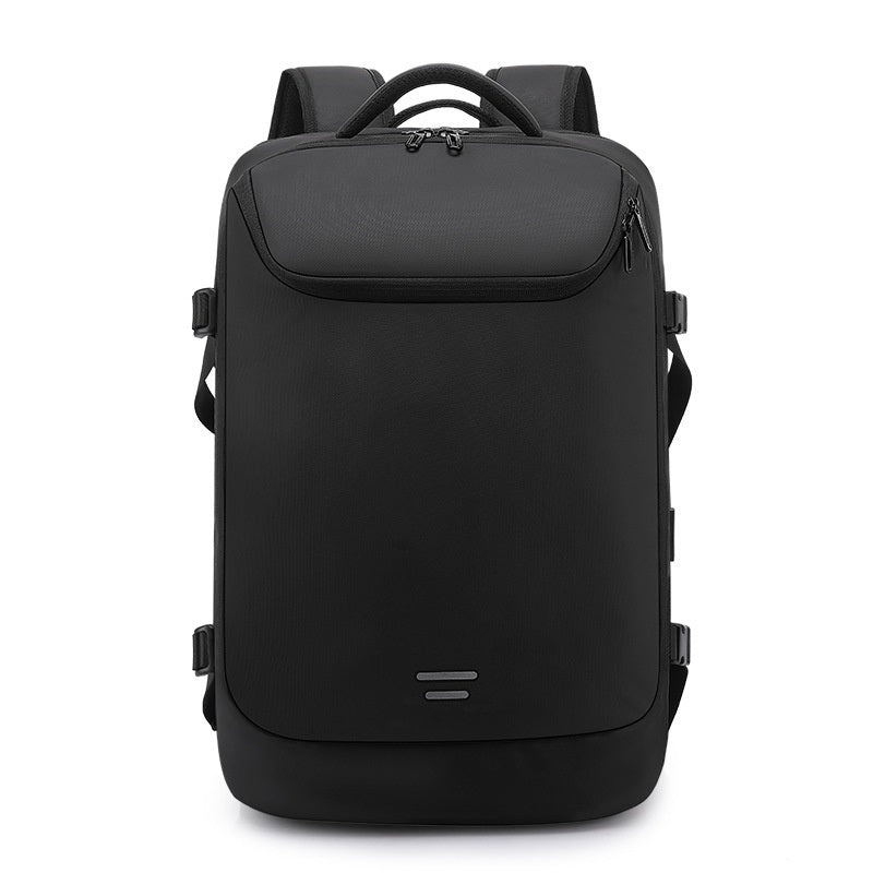Black, sleek vacuum compression backpack with side buckles, top handle, and minimalist reflective accent.