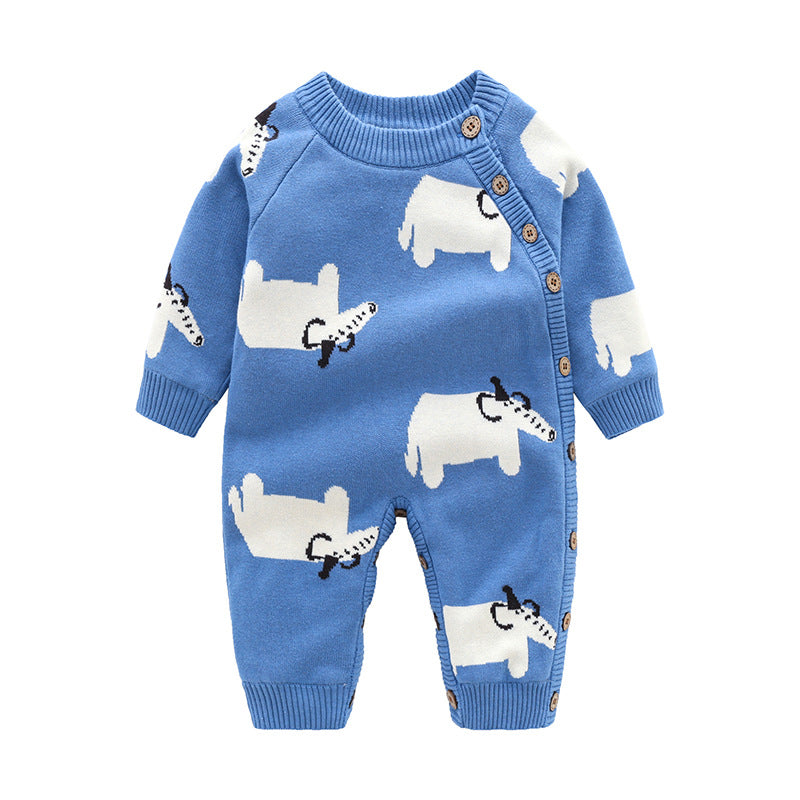 Blue knitted newborn romper with white elephant pattern, ribbed cuffs, and side-button closure for easy dressing.