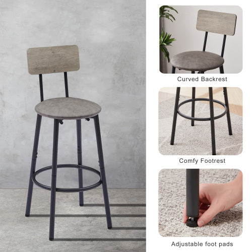 Grey bar stool with PU soft seat, backrest, black metal frame, footrest, and adjustable feet.