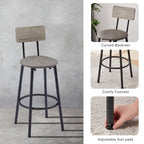 Grey bar stool with PU soft seat, backrest, black metal frame, footrest, and adjustable feet.