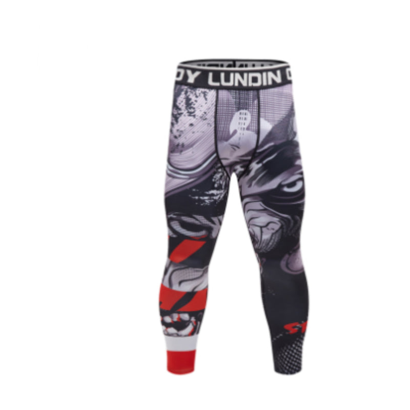 Men’s compression sports leggings with black, white, and red comic-style graphics and an elastic logo waistband.