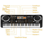 Black 61-key electronic keyboard with a central LCD screen, dual speakers, and labeled control buttons for music modes.