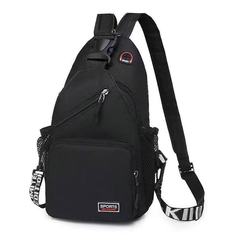 Black waterproof chest backpack with mesh side pockets, adjustable branded strap, and multiple zipper compartments.