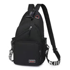 Black waterproof chest backpack with mesh side pockets, adjustable branded strap, and multiple zipper compartments.