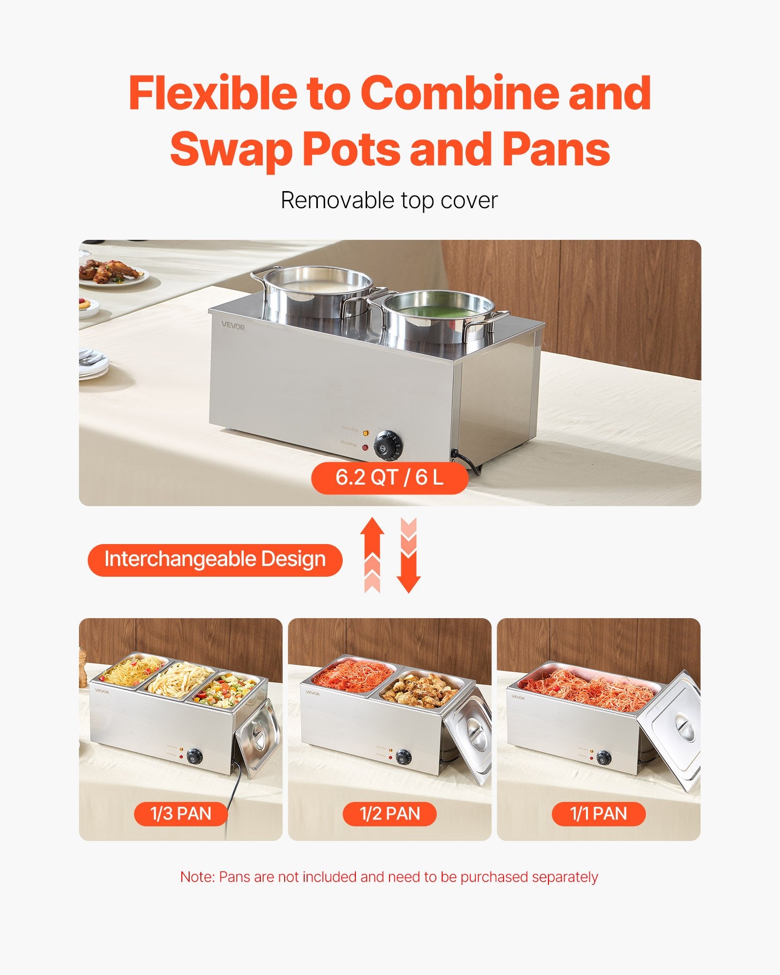 Stainless steel commercial soup warmer with dual 6.34qt pots and interchangeable pan layouts for versatile heating.