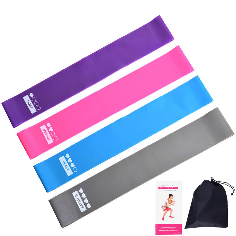 Four colorful rubber resistance bands in purple, pink, blue, and gray, with instructions and a black storage bag.