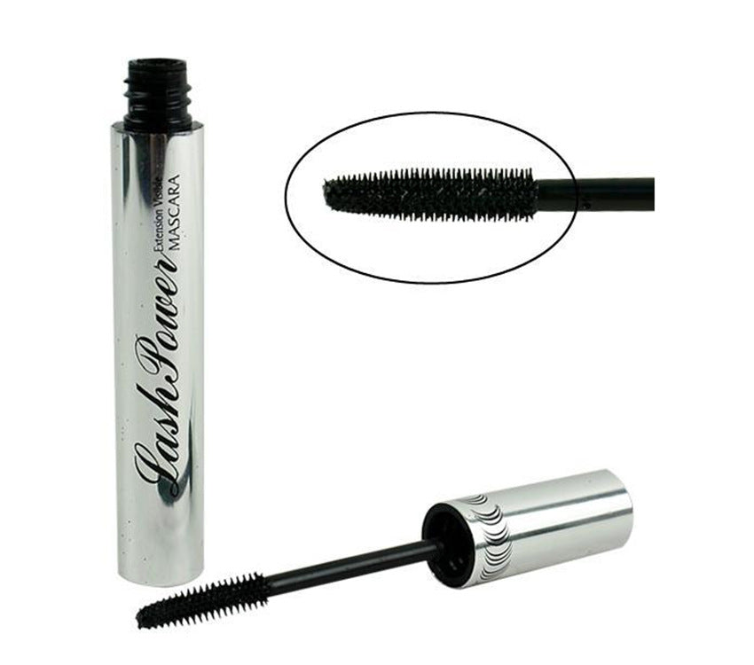 Silver M.N Lash Power mascara tube and wand with black bristles, shown with a zoomed-in view of the applicator tip.