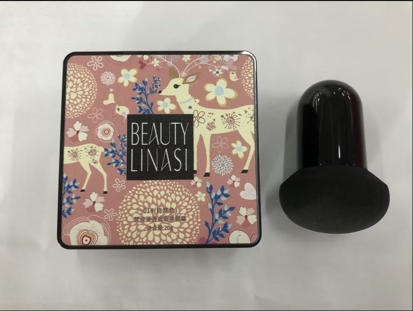 Beauty Linasi BB cream compact with pink deer-patterned box and a black mushroom-head makeup sponge applicator.
