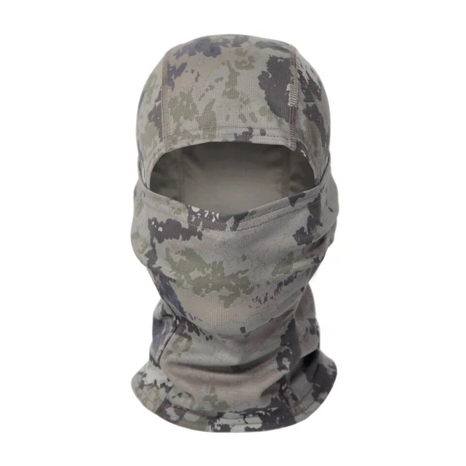 Full-face tactical balaclava in grey and olive green camouflage print, made of lightweight, breathable fabric.