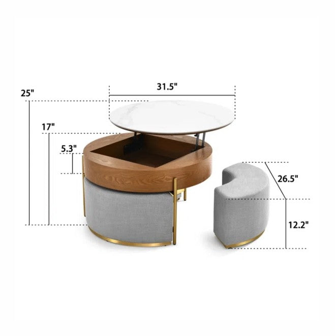 Lift-top coffee table with wood frame, white marble top, interior storage, and three grey fabric nesting stools.
