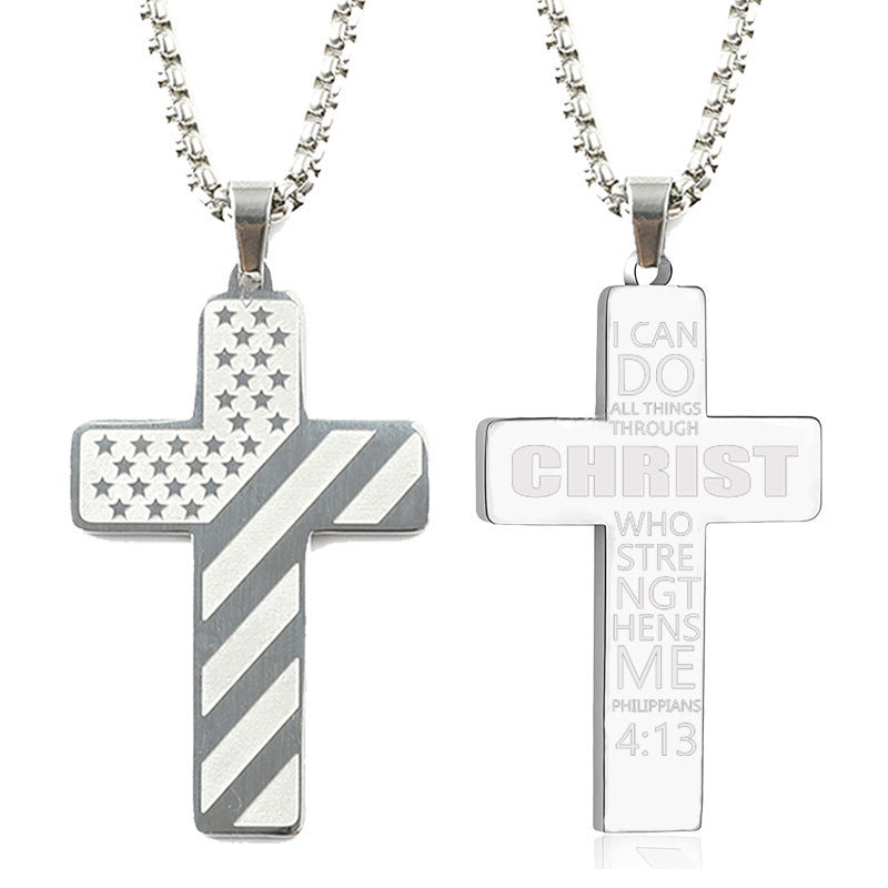 Silver titanium steel cross necklace with American flag engraving on one side and Philippians 4:13 verse on reverse.
