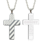 Silver titanium steel cross necklace with American flag engraving on one side and Philippians 4:13 verse on reverse.