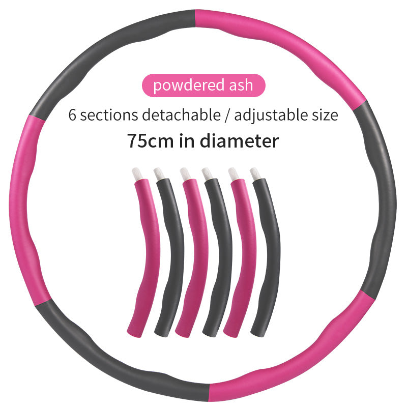 A 75cm detachable pink and grey foam exercise hoop, shown assembled and as six individual sections.