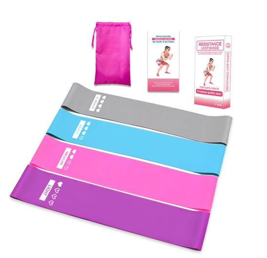 Four colorful latex resistance bands, a pink carry bag, and a workout guide in a box for fitness and strength training.
