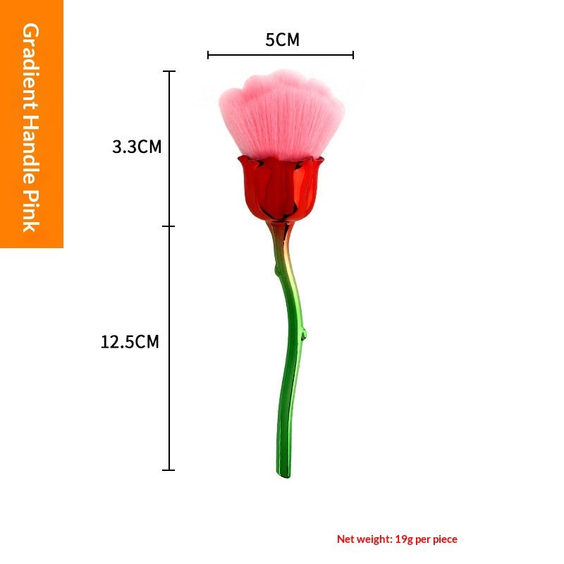 Pink rose-shaped powder makeup brush with a metallic red and green gradient stem, shown with dimensions.