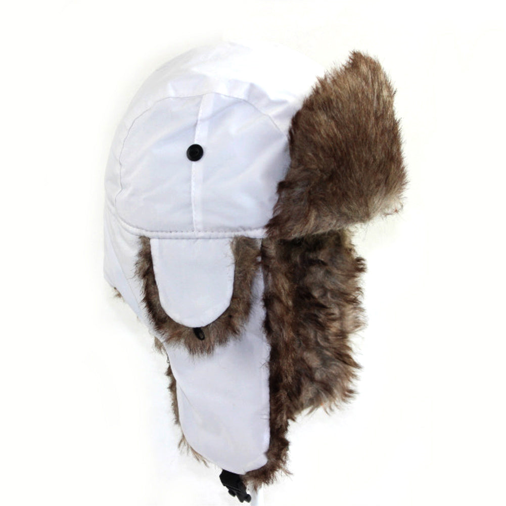 White waterproof trapper hat with brown faux fur lining and ear flaps, shown on a white background.