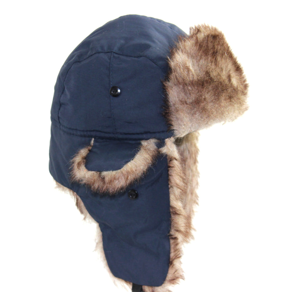 Navy blue waterproof trapper hat with brown faux fur lining and ear flaps with black snap closures.