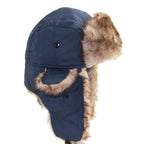 Navy blue waterproof trapper hat with brown faux fur lining and ear flaps with black snap closures.