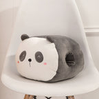 Plush panda hand warmer with grey and white velvet fabric, featuring a cute panda face and side openings for hands.