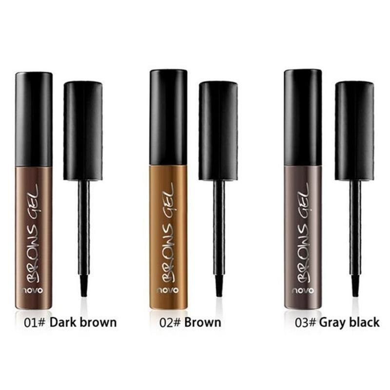 Three Novo peel-off eyebrow gel tubes with brushes in Dark Brown, Brown, and Gray Black shades against a white background.