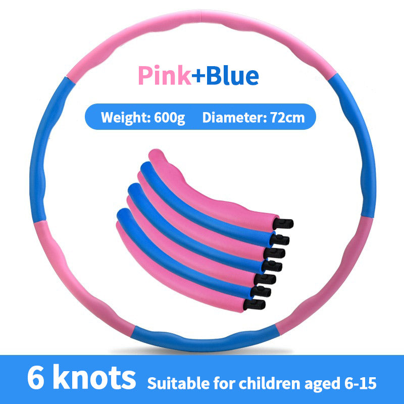 Detachable 6-knot pink and blue foam-padded hula hoop for children, 600g weight and 72cm diameter.