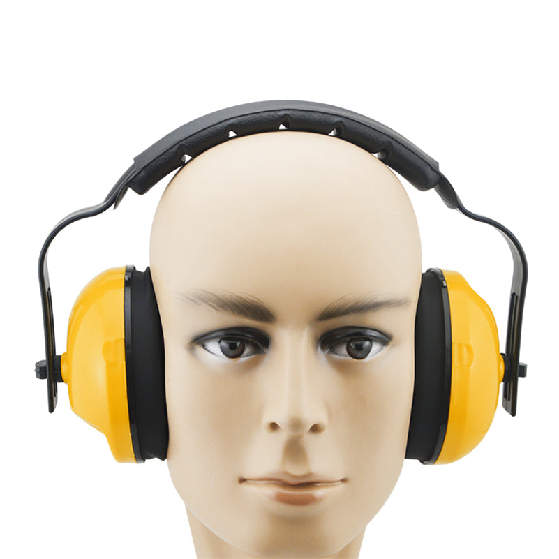 Yellow and black industrial soundproof earmuffs on a mannequin head, featuring a padded headband and ear cushions.