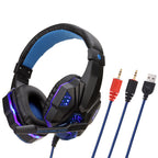 Black and blue LED gaming headset with ear cushions, adjustable headband, microphone, and red, black, and USB connectors.