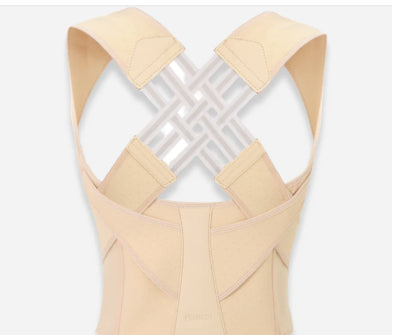 Beige posture corrector brace with a crisscross back design, wide shoulder straps, and breathable fabric construction.