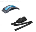 Black and blue plastic back stretcher with acupressure points and a black fabric foot rehabilitation stretching strap.
