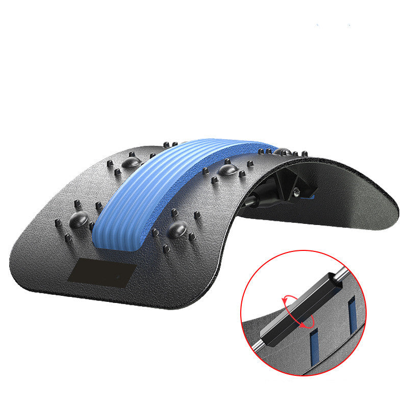 Black lumbar traction device with blue center padding, acupressure nodes, and an adjustable manual crank mechanism.