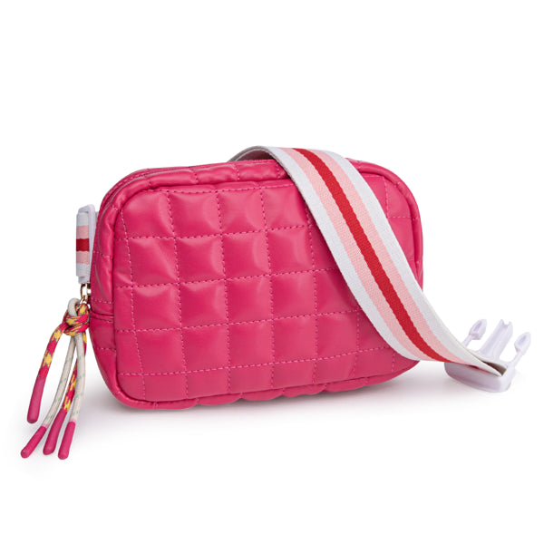 Small rose pink quilted puffer belt bag with a white, pink, and red adjustable striped strap and zipper pulls.