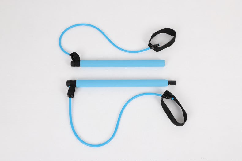 Two blue fitness bars with attached blue elastic resistance bands and black nylon handles on a white background.