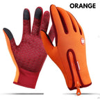 Orange and red winter cycling gloves featuring fleece, a zipper, textured grip palms, and touch screen fingertips.