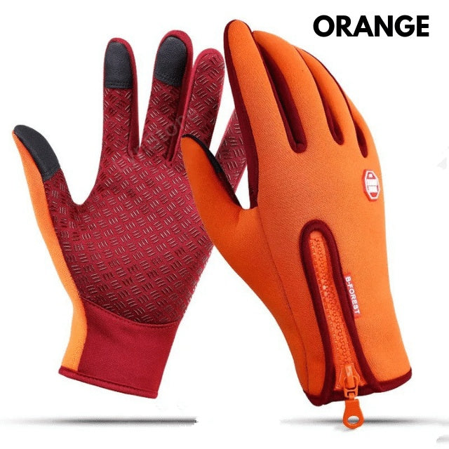 Orange and red winter cycling gloves featuring fleece, a zipper, textured grip palms, and touch screen fingertips.