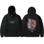 Black hoodie with front text and back Ukiyoe-style koi fish graphic, featuring a red sun, blue lotus, and kanji.
