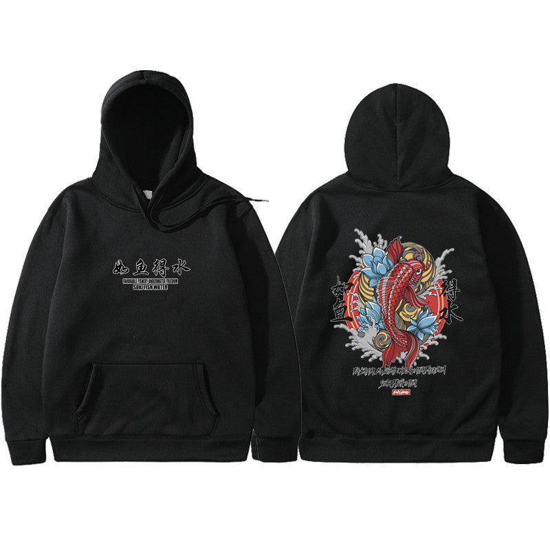 Black hoodie with front text and back Ukiyoe-style koi fish graphic, featuring a red sun, blue lotus, and kanji.