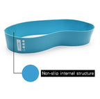 Blue "heavy" resistance booty band with white heart icons and a textured, non-slip internal grip structure.