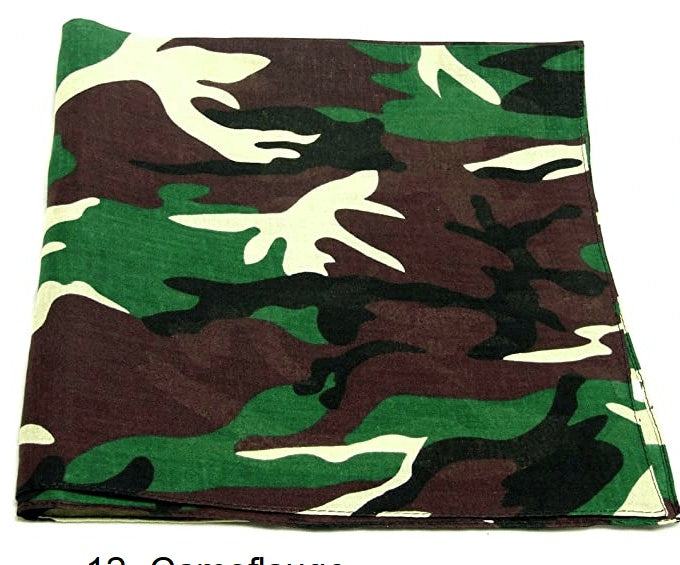 Folded square bandana featuring a traditional camouflage pattern in shades of green, dark brown, black, and off-white.