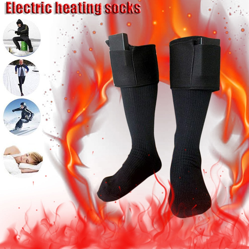 Black electric heated socks with attached battery packs, displayed over a fiery background with circular usage insets.