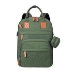 Olive green multi-functional diaper backpack with brown leather accents, quilted base, USB port, and small pouch.