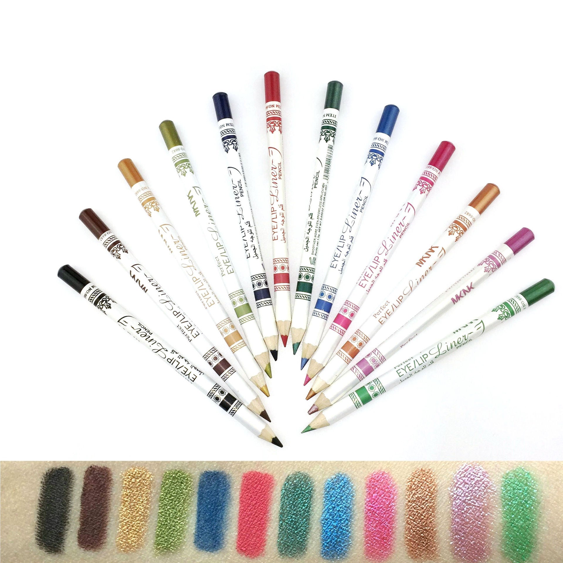 A set of 12 multi-colored wooden eye and lip liner pencils with matching glittery product swatches below them.