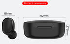 Black A6S in-ear headphones and charging case shown with dimension annotations. Sleek, matte finish design.