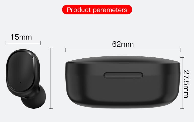Black A6S in-ear headphones and charging case shown with dimension annotations. Sleek, matte finish design.