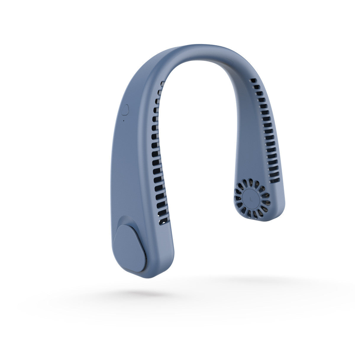 Blue U-shaped wearable neck fan made of matte plastic, featuring side air vents and a sleek, blade-less design.