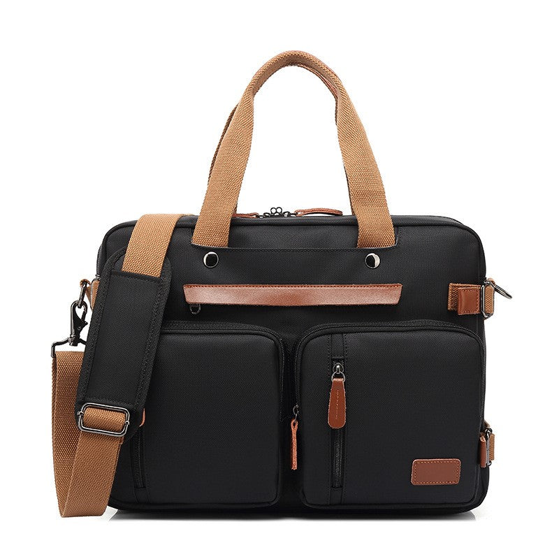 Black multifunctional nylon men's backpack with tan webbing handles, shoulder strap, and faux leather accents.