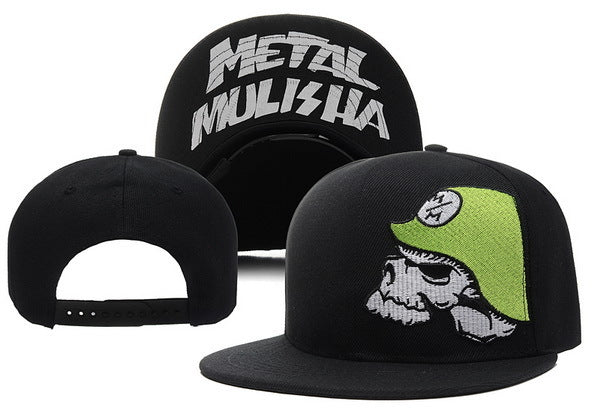 Black snapback cap featuring a skull in a neon green helmet and "METAL MULISHA" embroidered text.