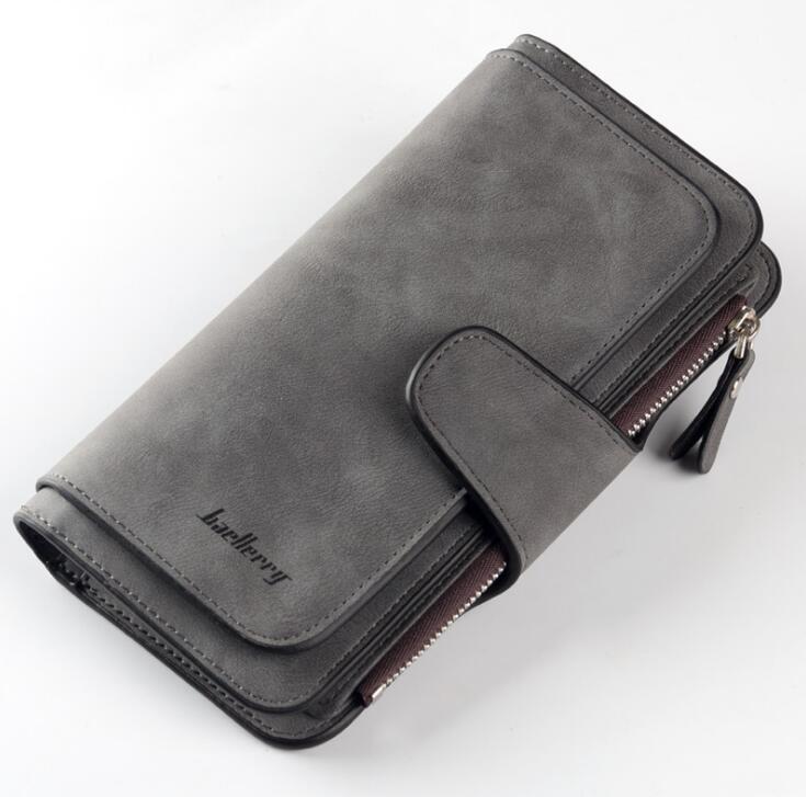 Grey faux-suede Baellerry women's wallet with a snap closure, external zipper pocket, and elegant stitched detailing.