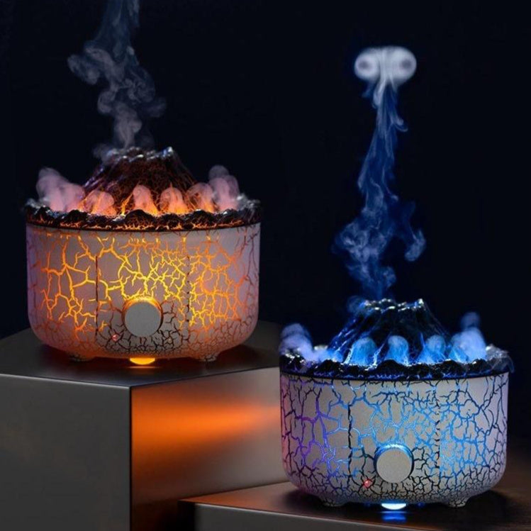 Two volcano-shaped humidifiers with crackled white shells, emitting orange flame and blue jellyfish-style vapor.