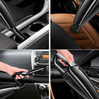 Black, cordless handheld vacuum cleaning car cup holders, leather seats, and air vents with various nozzle attachments.